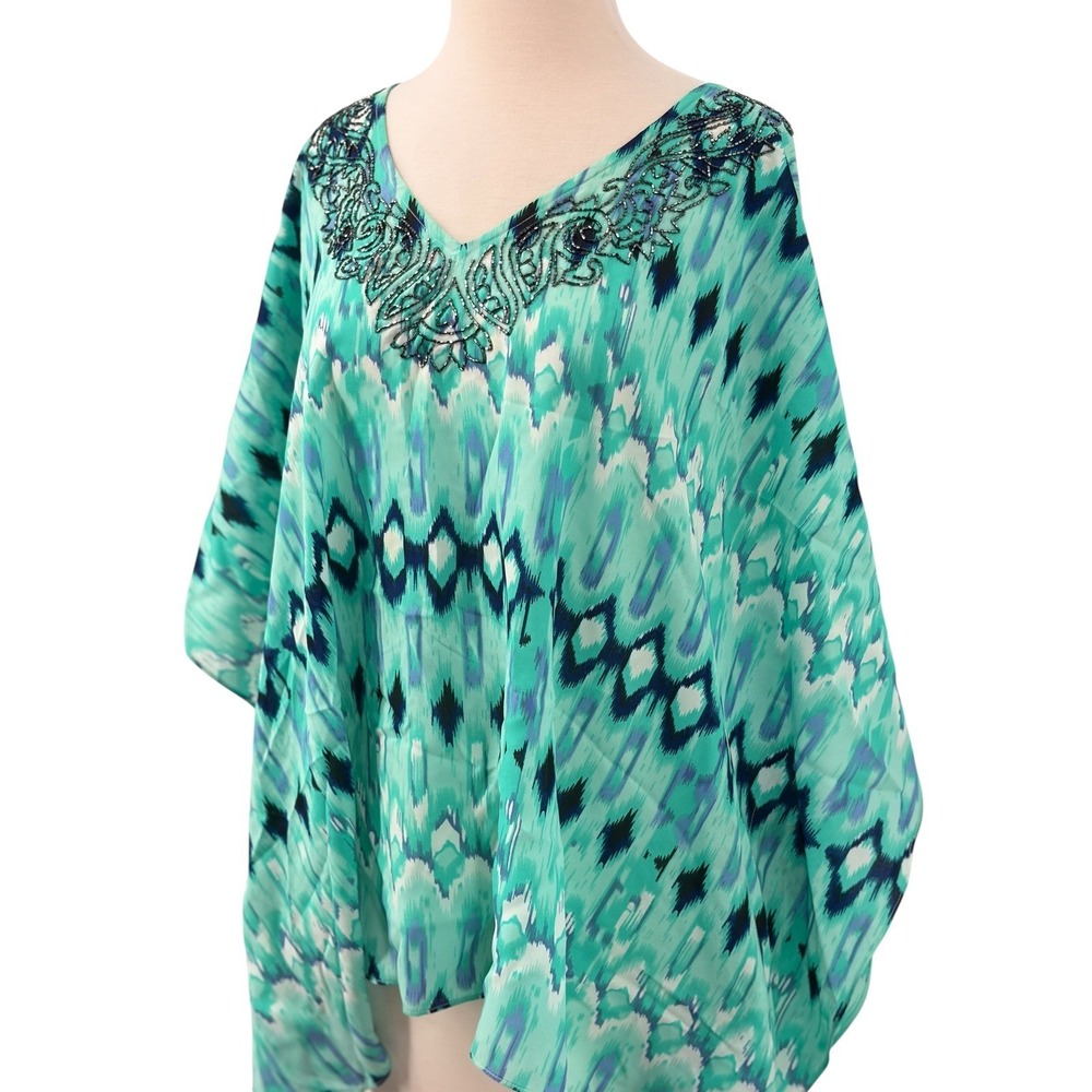 Chico's Womens Teal Blue Ikat Print Beaded V-Neck Kaftan Kimono Top L/XL - Picture 5 of 8
